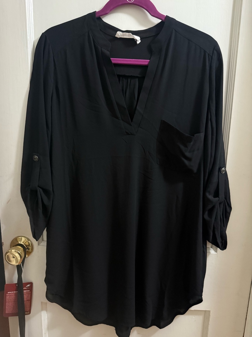 All in Favor Black V-Neck Roll-Tab Tunic Blouse